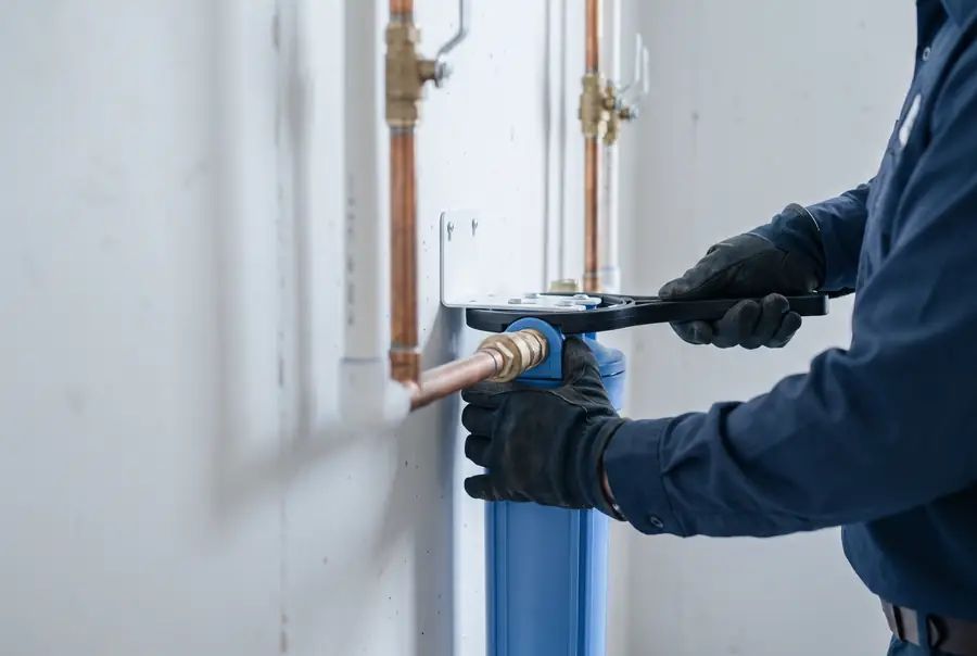 Technician tightening a whole-home filter housing