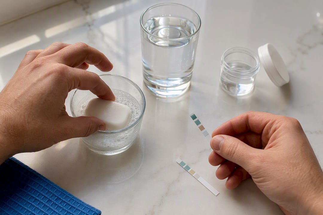Hands comparing soap and water strip tests