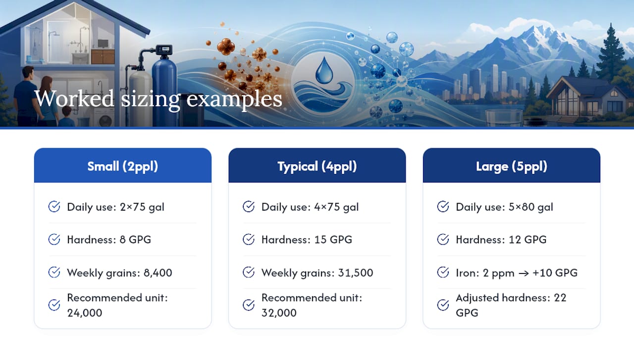 Three water softener sizing examples compared