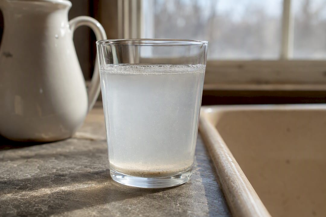Cloudy well water with bubbles and sediment