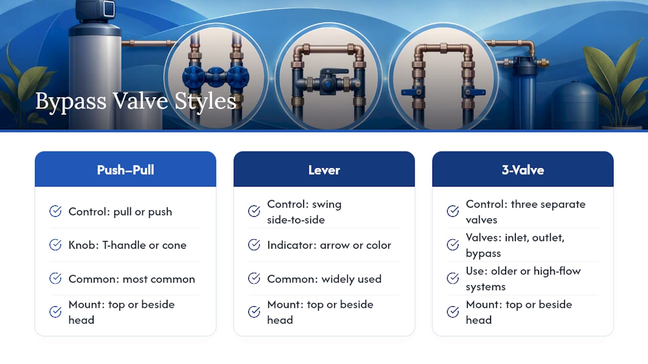 Three water softener bypass valve styles