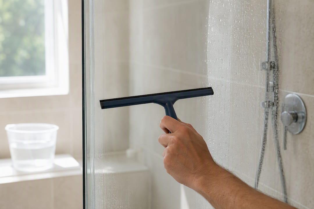 Squeegee clearing rinsed shower glass
