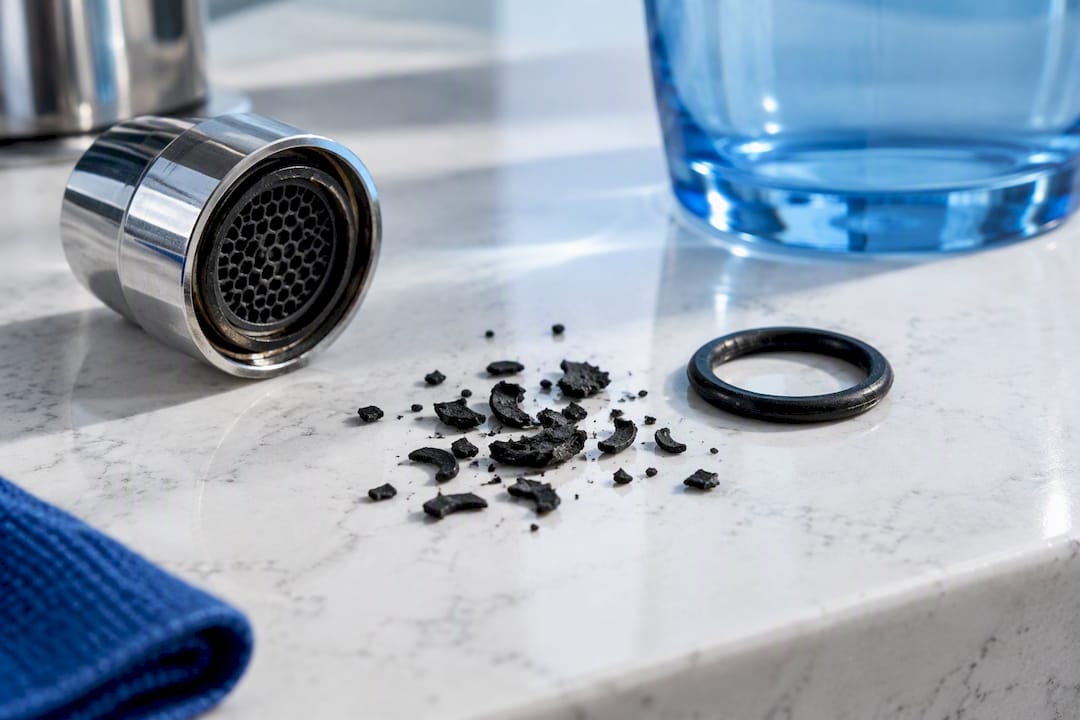 Black rubber fragments beside faucet aerator