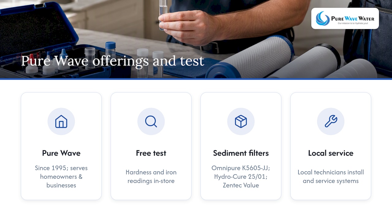 Publisher help: what Pure Wave Water offers and how a free in-store test helps diagnose sediment — overview diagram